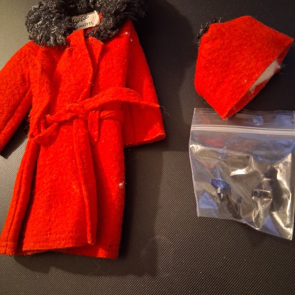 Vintage Barbie red felt coat with accessories #819 "Baby It's cold outside".